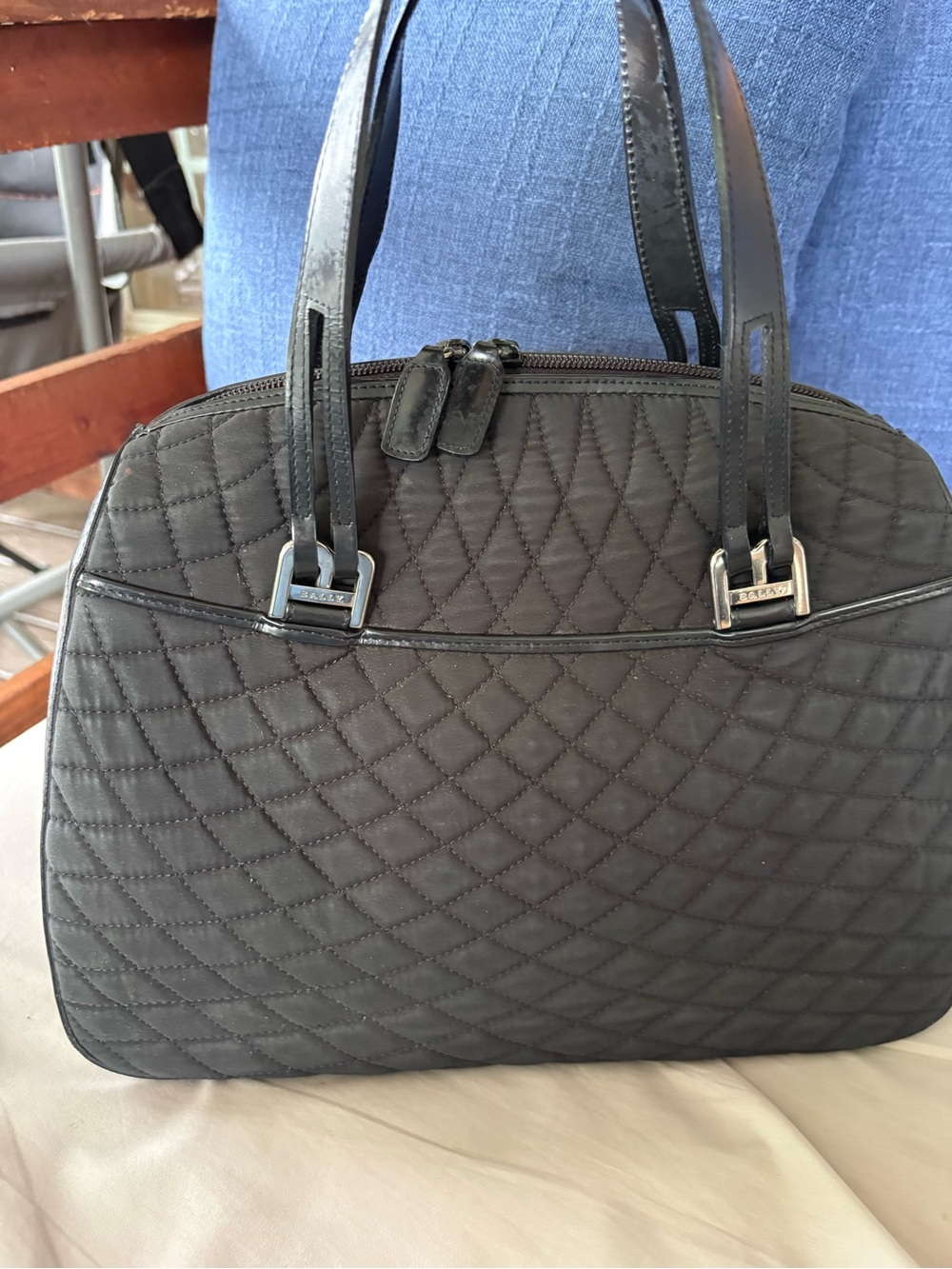 VINTAGE BALLY Black Quilted Nylon Satchel Top Handle Shoulder Bag Leather Trim - Picture 2 of 16